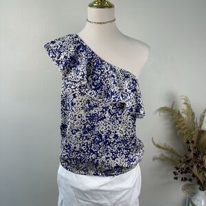 American Eagle Blue Floral One-Shoulder Floral Ruffle Blouse - Size M